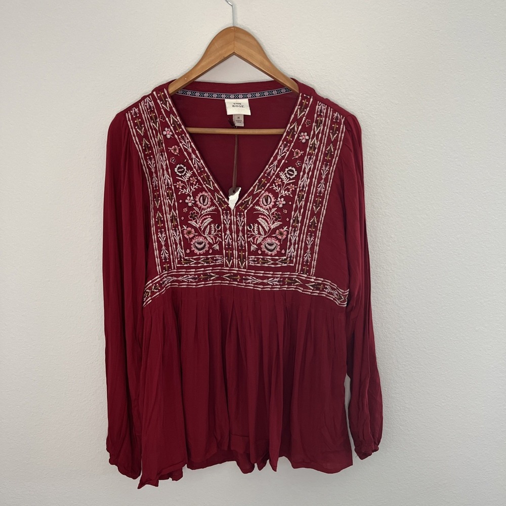 Knox Rose Rust/Maroon Embroidered Boho Peasant V-Neck Tie Blouse M New